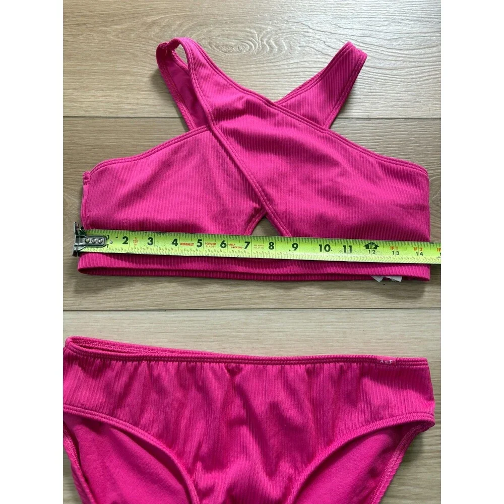 Abercrombie Kids Girls Pink Ribbed Bikini Set 2 Piece Cross Neck Cutout 17/18